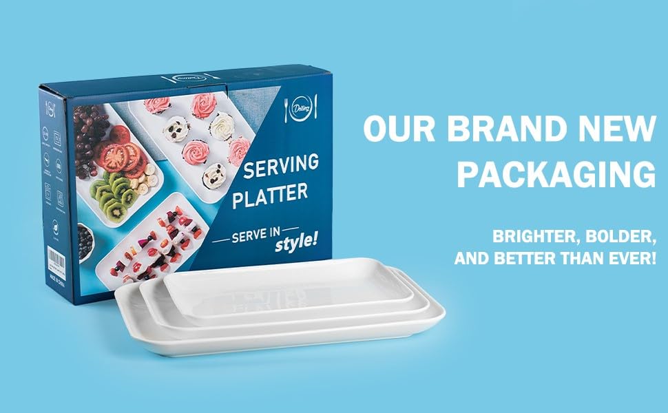 DELLING Large Serving Platter Set 16/14/12inch Large Serving Tray - Rectangular White Serving Trays for Party, Sushi, Oven Safe Dinnerware Set of 3, White