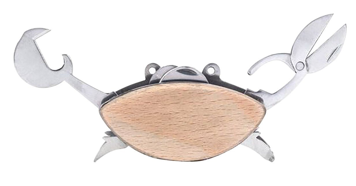 Kikkerland Stainless Steel Beechwood Crab Compact EDC Multi Tool - 6 Tools