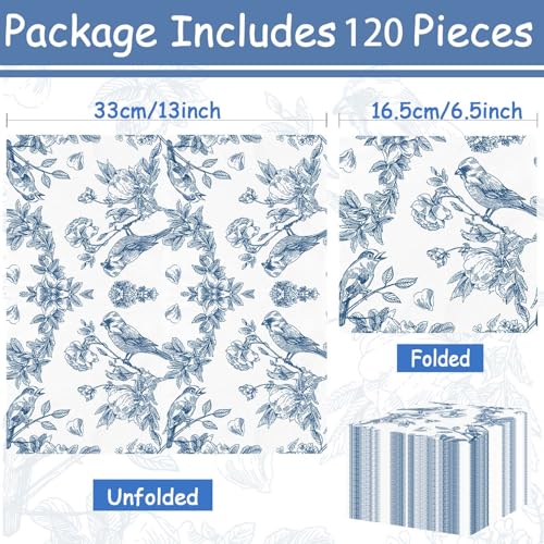 120 Pcs Paper Napkins Blue & White Disposable Spring Flowers Dessert Napkin for Wedding Holiday Birthday Party Bridal & Baby Shower Tableware Party Supplies