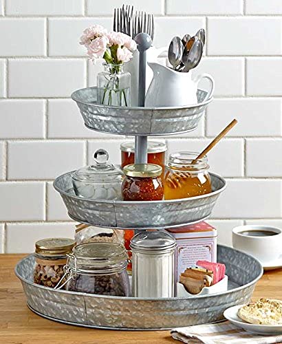 GetSet2Save Vintage Galvanized 3 Tier Serving Tray Rustic Country Farmhouse Kitchen, one size, Silver