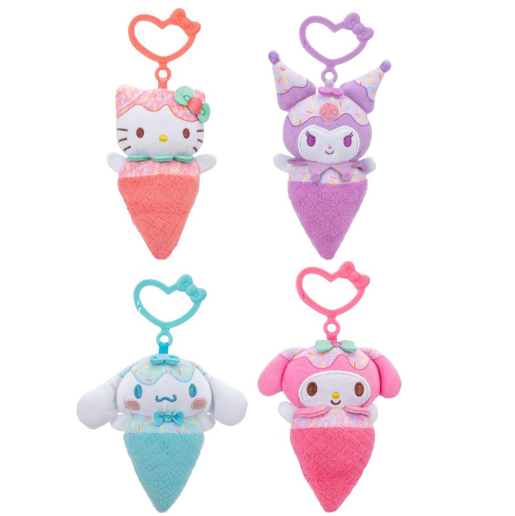 Hello Kitty and Friends 4-Pack Ice Cream Clip-On Plush Featuring Hello Kitty, Kuromi, My Melody, and Cinnamoroll with Unique Bow Clips