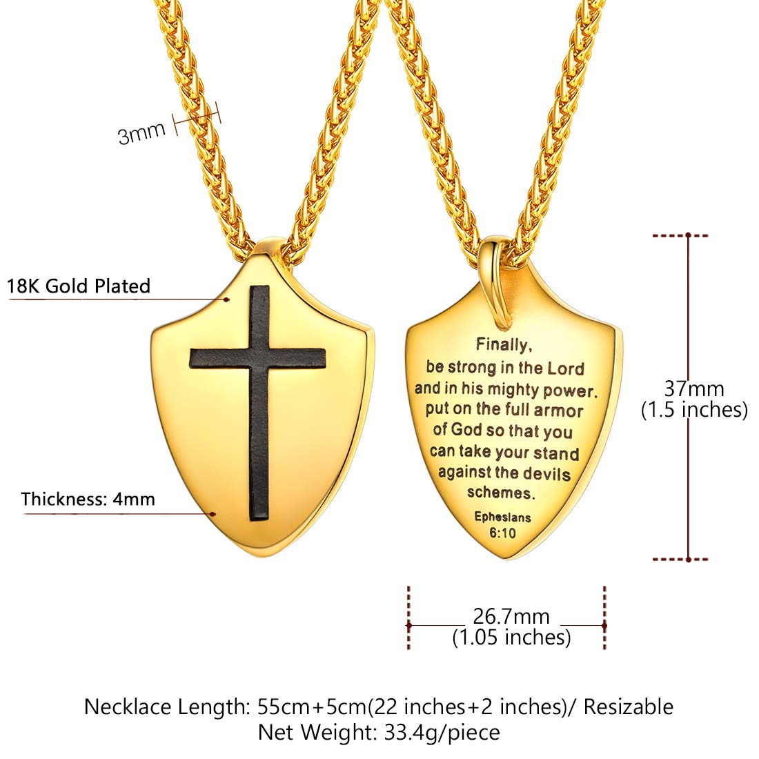 U7 Armor of God Necklace Ephesians 6:10, with Singapore Chain 22 Inch, 18K Real Gold Plated Stainless Steel Faith Cross Shield Pendant Necklace for Men and Women (Send Gift Box)