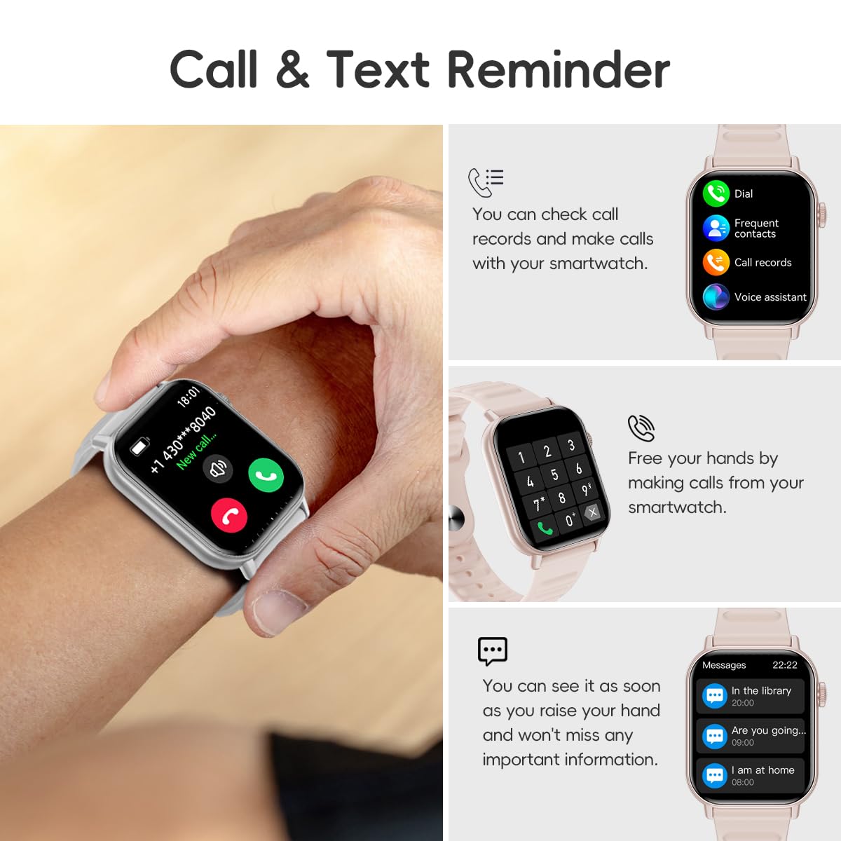 QTLLBT Smart Watch Sports Pedometer Fitness Tracker, Bluetooth Call Heart Rate Blood Oxygen Sleep Monitor, 100 Sports Modes Waterproof for iOS Android Men's Women's Smart Watch (Pink)