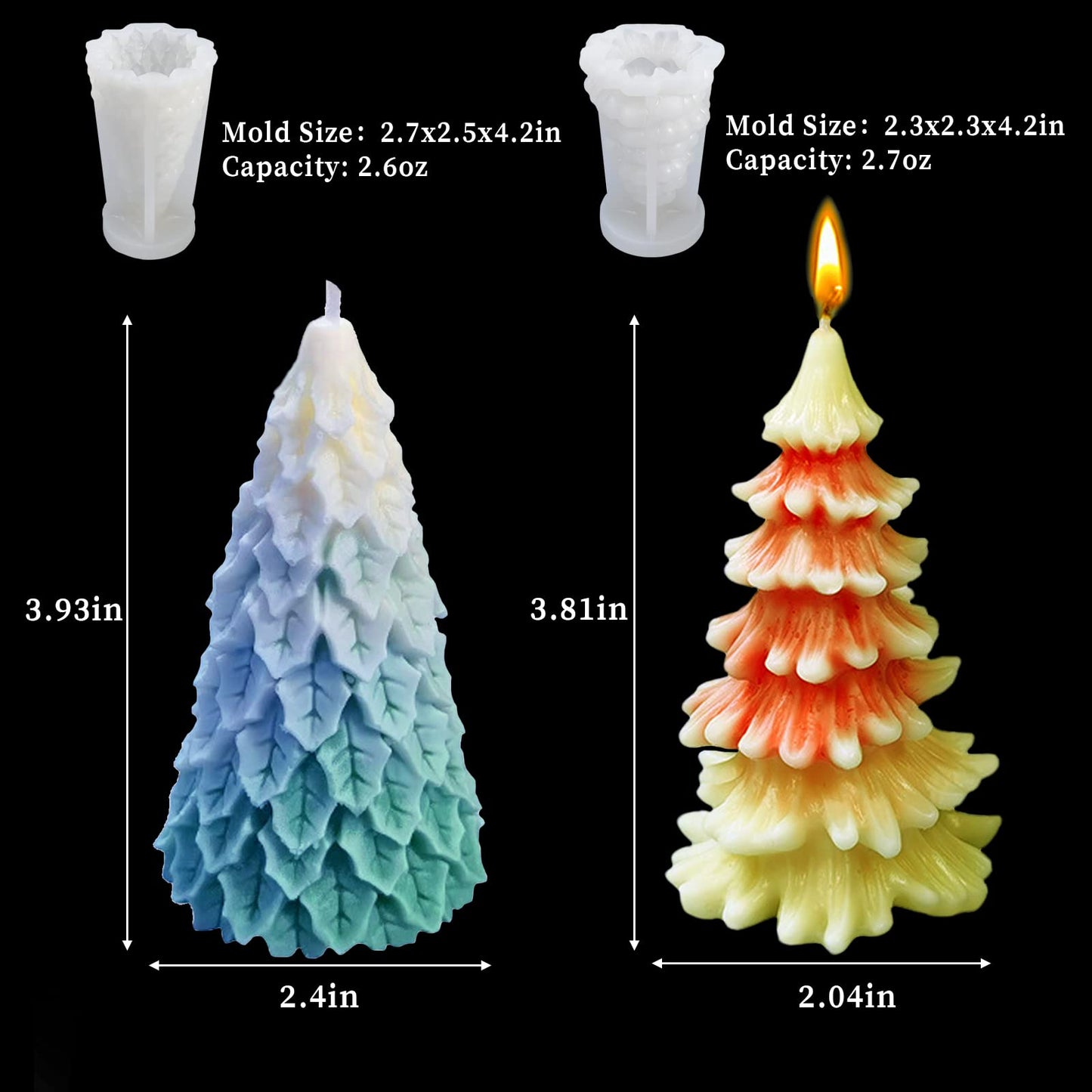 4PCS Christmas Tree Silicone Mold, 3D Candle Molds for Candle Making, Tree Shaped Silicone Epoxy Resin Mold, Ornament Mould for DIY Wax Candle Soap Art Craft Cake Chocolate Home Decor