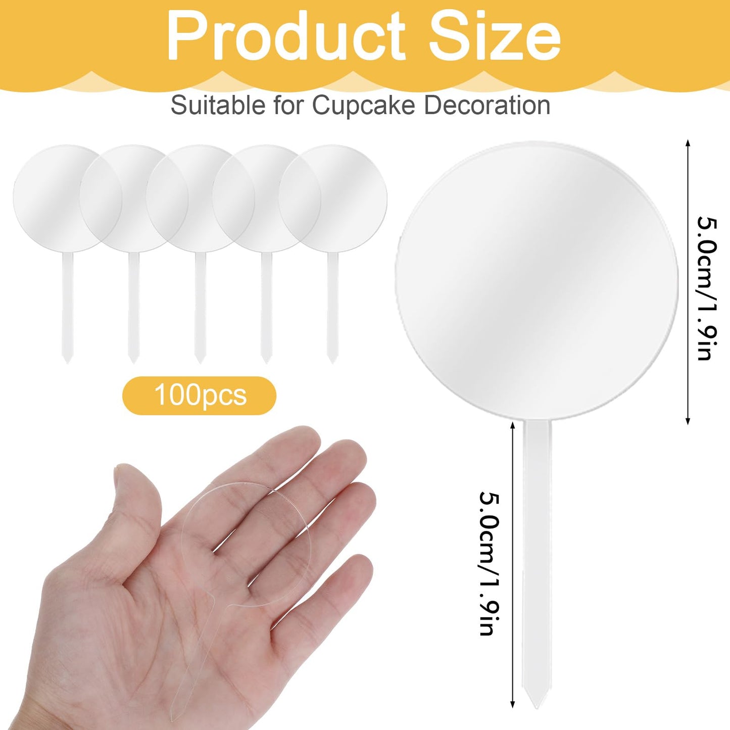 100 Pieces 2 Inch Round Clear Acrylic Cupcake Toppers, Blank Cupcake Toppers Sticks for DIY, Birthday Festival Party Baby Shower Wedding Party Cupcake Decoration
