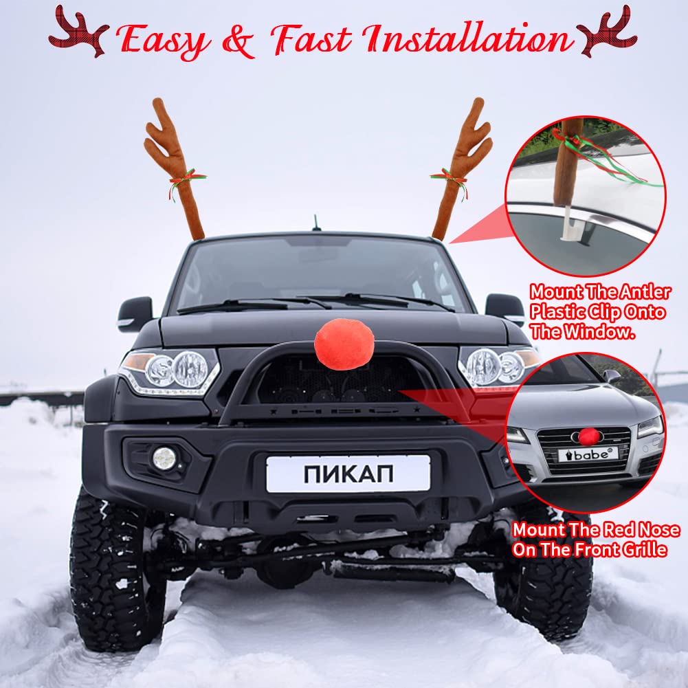 Abnaok Car Reindeer Antler Kit and Nose, Reindeer Christmas Decoration for Car Window Roof-Top & Front Grille,Christmas Reindeer Antlers Auto Decoration Set for Car SUV Van Truck