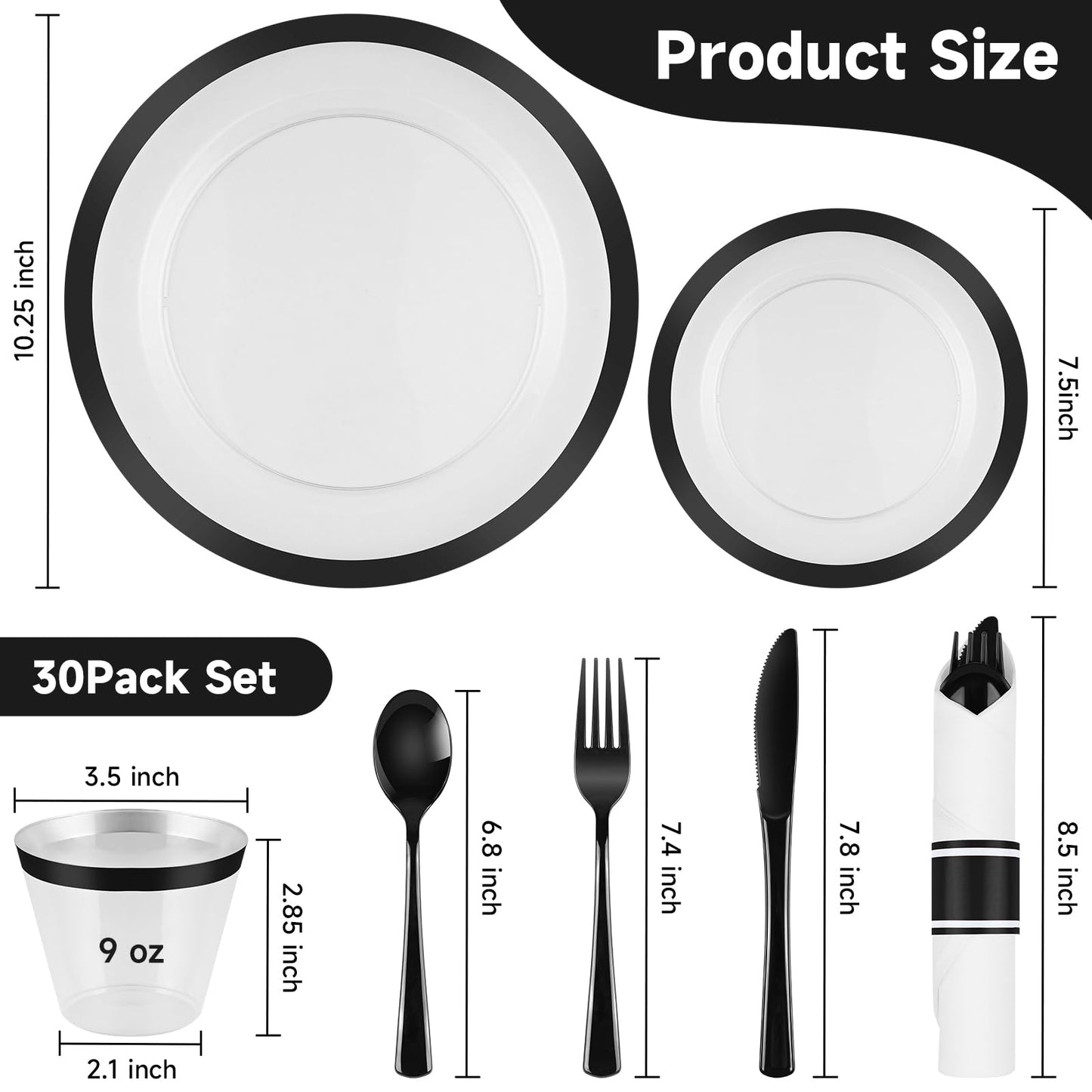 210 Pcs Black Plastic Dinnerware Set for 30 Guests - Includes 30set of Dinner Plates, Dessert Plates, Clear Plastic Cups, and Black Pre-Rolled Napkins with Cutlery Set, Disposable Party Supplies