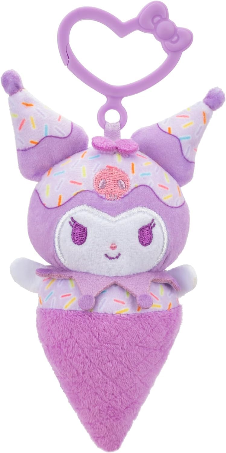 Hello Kitty and Friends 4-Pack Ice Cream Clip-On Plush Featuring Hello Kitty, Kuromi, My Melody, and Cinnamoroll with Unique Bow Clips