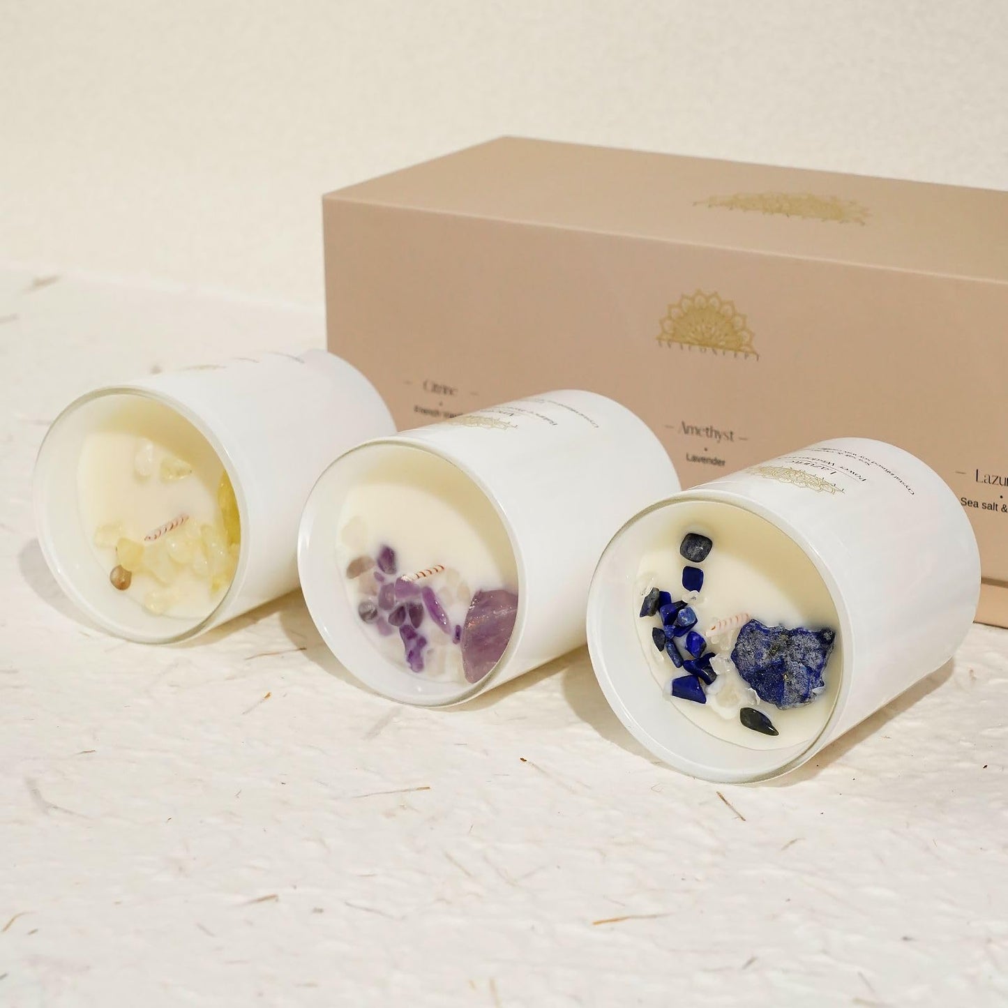 AVA CONCEPT Soy Candles with Healing Crystals. Amethyst, Lazurite, Citrine Crystal. Lavender, Sea Salt & Orchid, French Vanilla. Positivity Energy Gift for Women, 3PC Scented Candle Set 3.5 oz Each