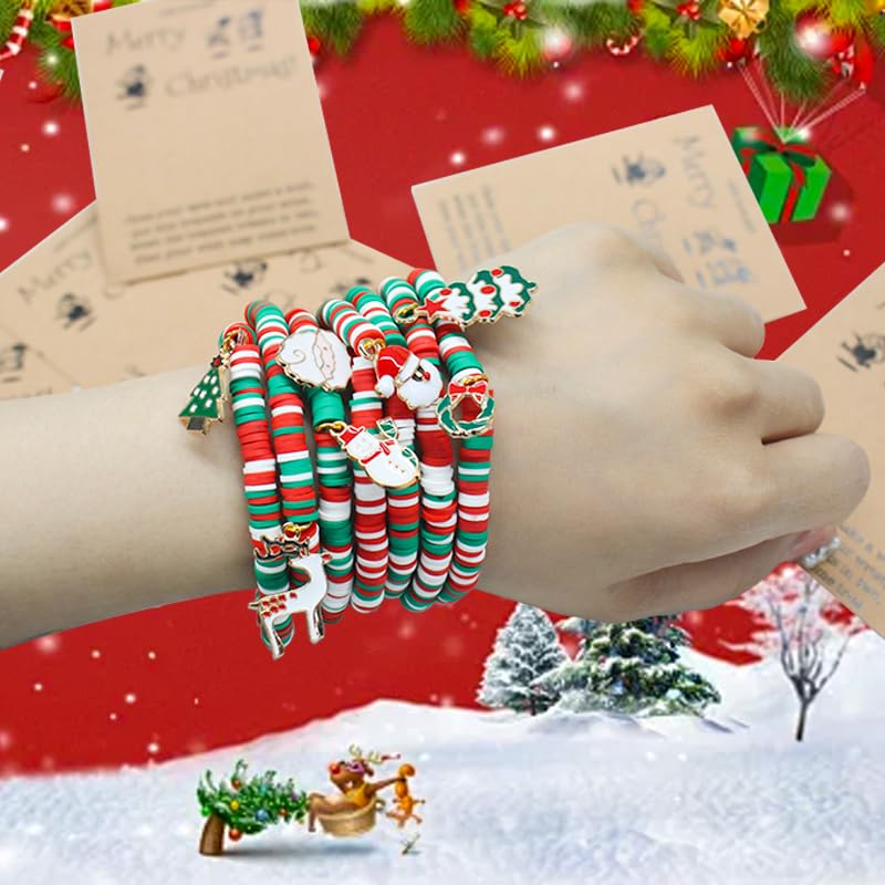 VALIJINA 7 Pcs Christmas Bracelet Set Stretch Bracelets with Christmas card Heishi Surfer Christmas Bracelets bulk bracelets for Women xmas gifts
