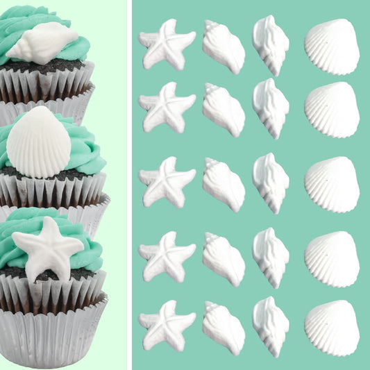 24pk Edible White Seashells and Starfish Sugar Decoration Toppers for Cakes Cupcakes Cake Pops with SeaShell Decorating Stickers