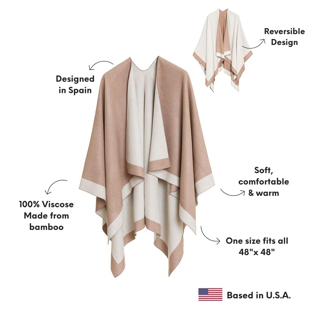 Women's Shawl Wrap Poncho Ruana Cape Cardigan Sweater Open Front for Travel Flight Cruises (PC01-15)