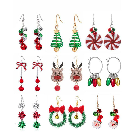 9 Pairs Christmas Dangle Stud Earring Set Christmas Tree Jingle Bell Snowflake Earrings for Women Thanksgiving Xmas Holiday Jewelry(B:9 pairs)