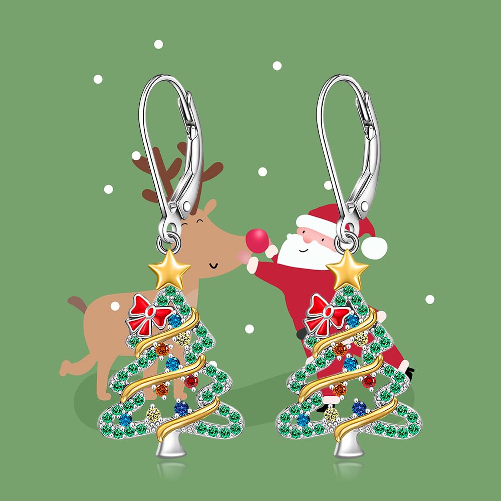 Christmas Tree Earrings Christmas Earrings Women Sterling Silver Dangle Drop S925 Leverback Green Tree X Mas Jewelry
