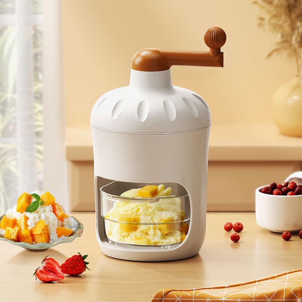 Hand Crank Ice Crusher Manual Ice Shaver Snow Cone Machine Mini Premium Portable Ice Crusher and Shaved Ice Machine with Free Ice Cube Trays - BPA Free (M White with 1 Ice Cube)