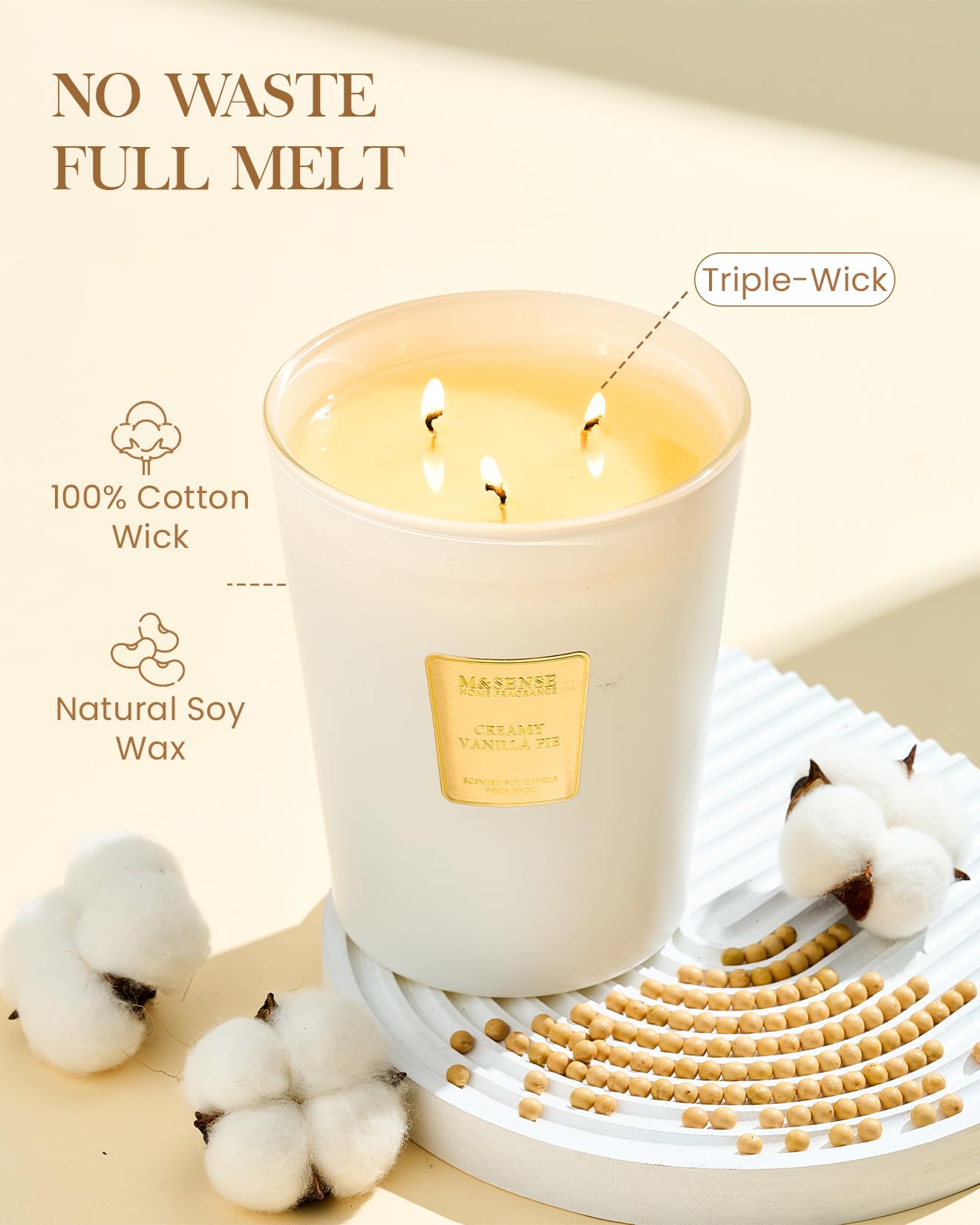 M&SENSE Extra Large Candle Creamy Vanilla Scented, 3-Wick 35oz 150H Long Lasting, Natural Soy Wax Aromatherapy Candle for Stress Relief, Home Fragrance Housewarming Gifts Candle for Home Decor