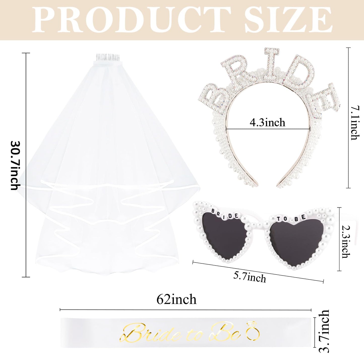 KICOSY 4PCS Bridal Set - Bride Headband, Heart-Shaped Sunglasses, “Bride to Be”Sash & Veil - Bachelorette Party, Bridal Shower, Wedding Photos & Ceremony