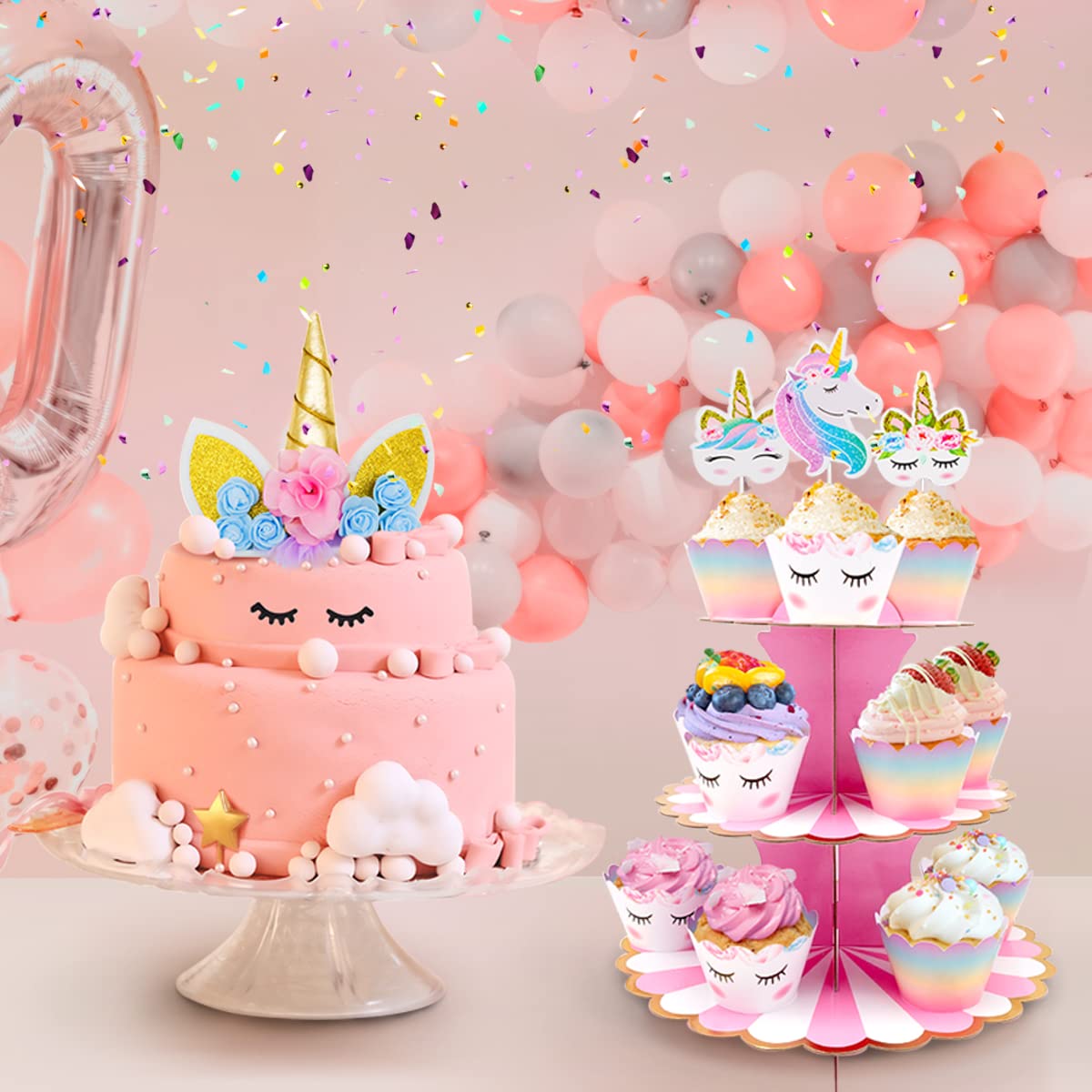Unicorn Cake Decorations, Double-sided Unicorn Cupcake Wrappers & Toppers, 3-Tier Cake Stand, Unicorn Cake Topper for Unicorn Themed Parties, 68pcs