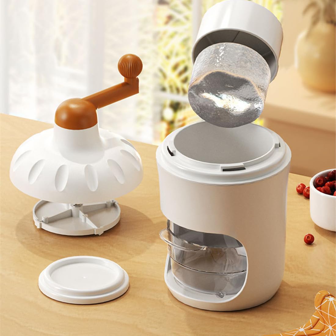 Hand Crank Ice Crusher Manual Ice Shaver Snow Cone Machine Mini Premium Portable Ice Crusher and Shaved Ice Machine with Free Ice Cube Trays - BPA Free (M White with 1 Ice Cube)