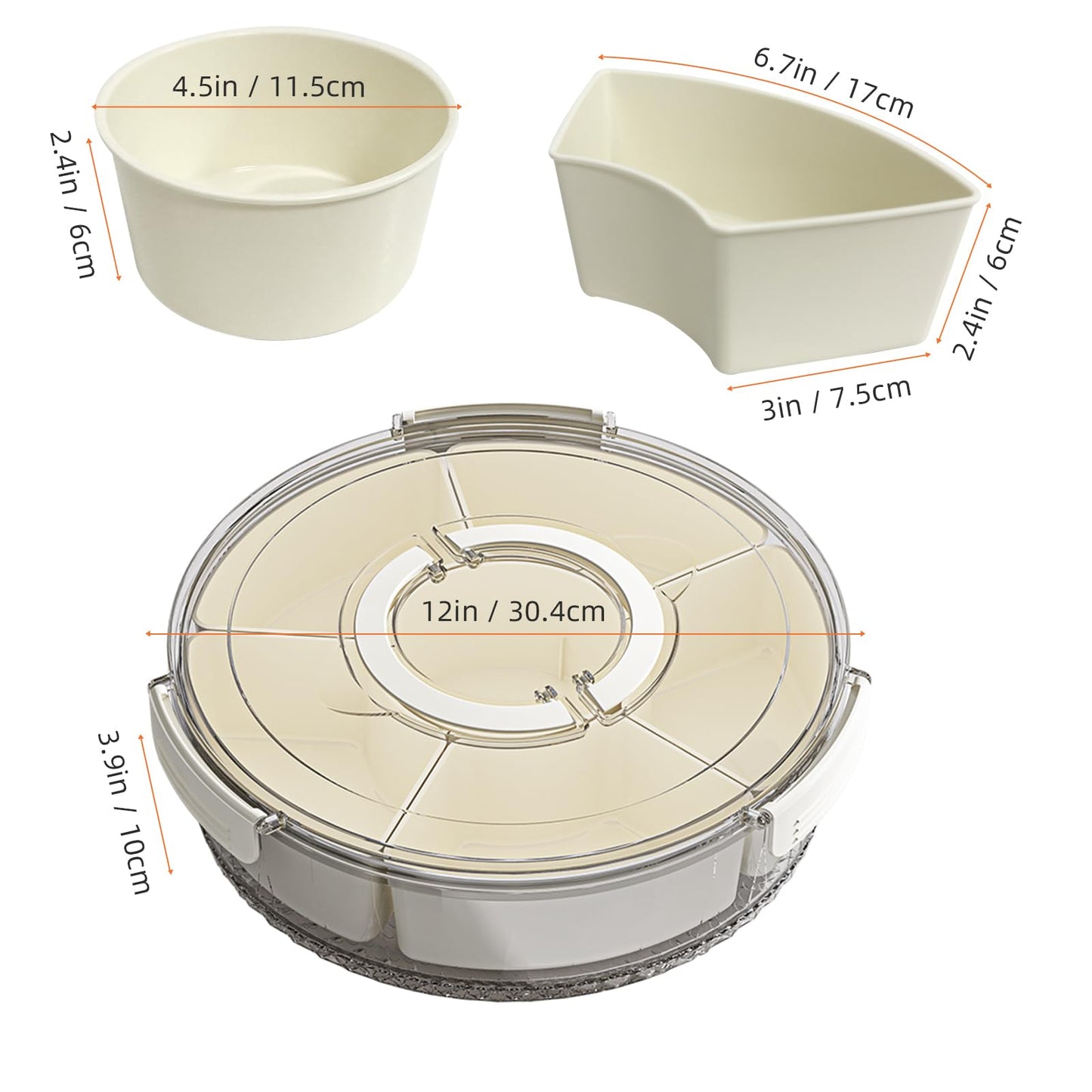 riyeloi Divided Serving Tray with Lid and Handle, Stackable Snackle Box Container for Fruits Candy Organizer, Portable Spinning Rounded Veggie Tray for Kitchen, Party, Trave and Picnic-1 PACK