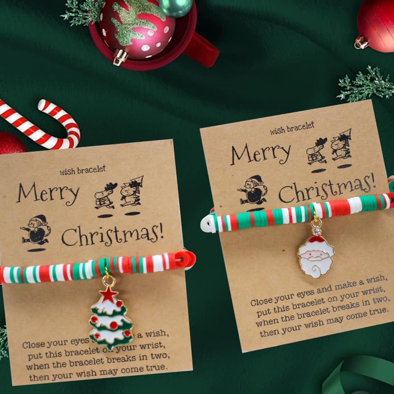 VALIJINA 7 Pcs Christmas Bracelet Set Stretch Bracelets with Christmas card Heishi Surfer Christmas Bracelets bulk bracelets for Women xmas gifts