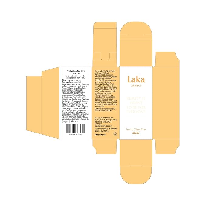 Laka Fruity Glam Lip Tint Mini, Glowing Lip Stain with Wide Color Spectrum, Hydrating & Lightweight Texture, Long-Lasting Bold Stain, Non-Sticky, Vegan, K-Beauty (#118 Adore)