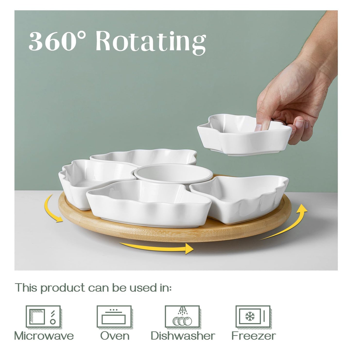 DOWAN 360° Rotatable Serving Tray and Platters, 12 Inch Divided Serving Bowls for Party, Kitchen Decor, Removable Serving Dishes for Chips and Dip, Fruit, Veggies, Candy and Snacks, 7 Pieces, White