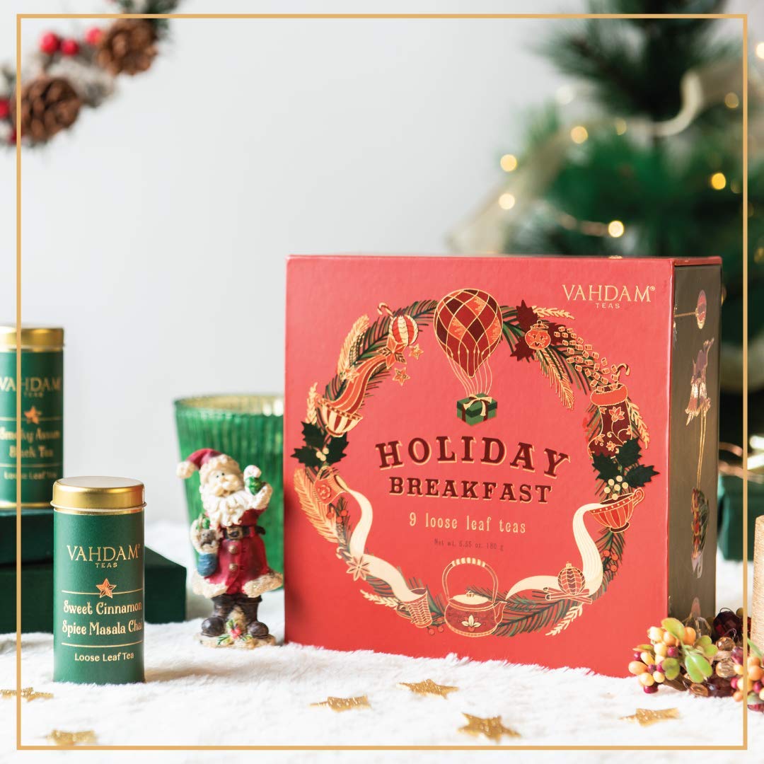 VAHDAM, Holiday Breakfast - Christmas Tea Gift Sets (90+ Cups) 9 Loose Leaf Tea - Luxury Gift Box | Christmas gifts 2024 Ideas | Christmas Gifts For Women, Men & Adults I Holiday Tea Gift Box