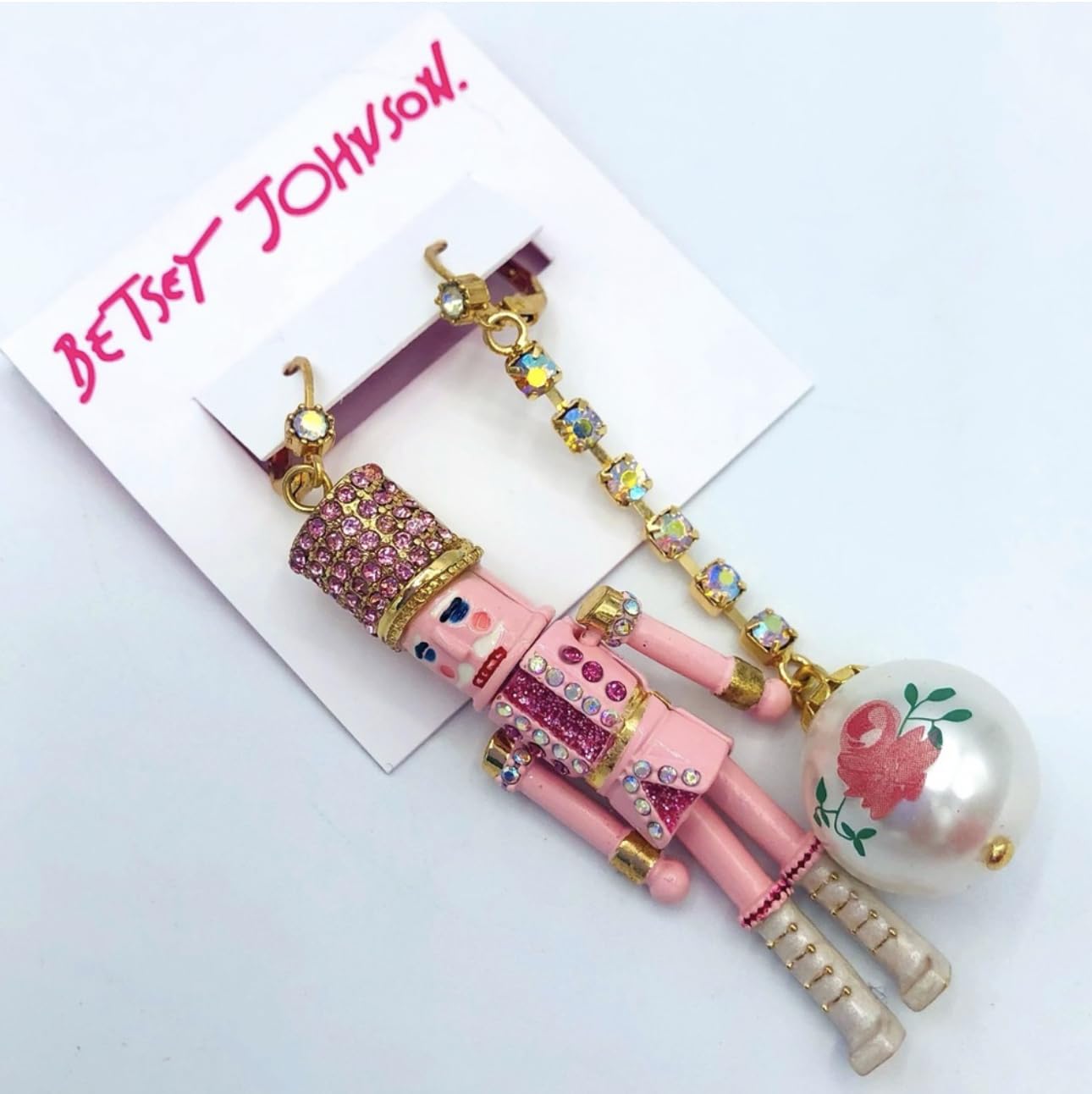 Betsey Johnson Nutcracker Linear Ball Mismatch Pink Earrings Christmas