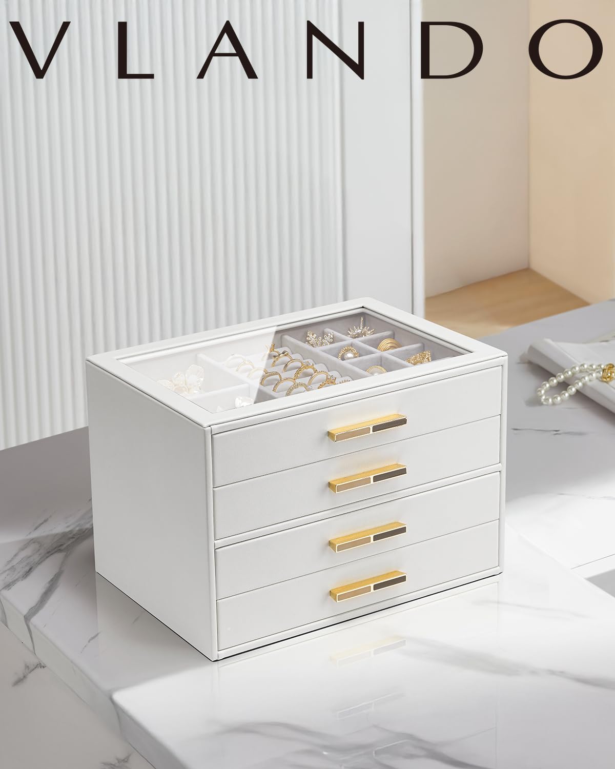 Vlando Jewelry Box for Women, Glass Lid Jewelry Organizer with 4 Drawers for Necklaces Rings Earrings Bracelets Christmas Gift - White