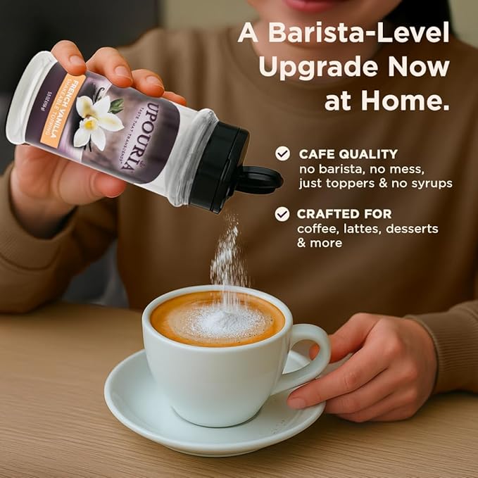 Upouria Vanilla Flavored Shakable Topping for Coffee, Lattes, Desserts, Gourmet Vanilla Taste, 5.5oz