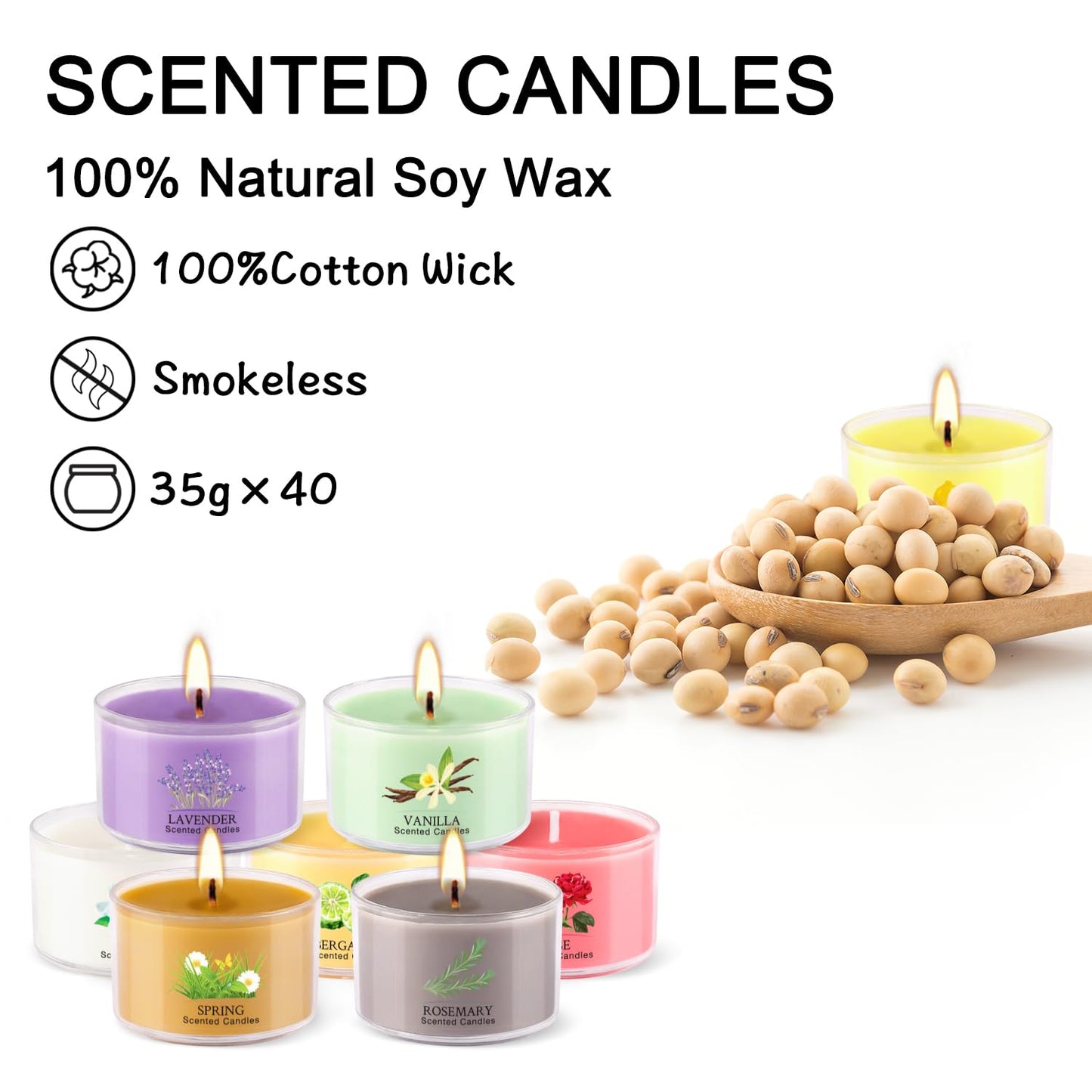 Scented Candle Set of 40 * 35g, 10 Fragrances, Soy Wax, Smokeless, with Cotton Wick,Long-Lasting Burn time for Home Décor,Relaxation,Romantic Dinner,Gift