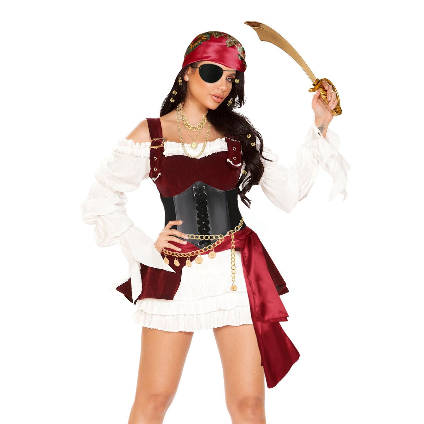 Vermeyen 8 Pcs Pirate Costume Accessories for Women with Head Scarf Wrap Pirate Corset Eye Patch Necklace Sash Chain Belt