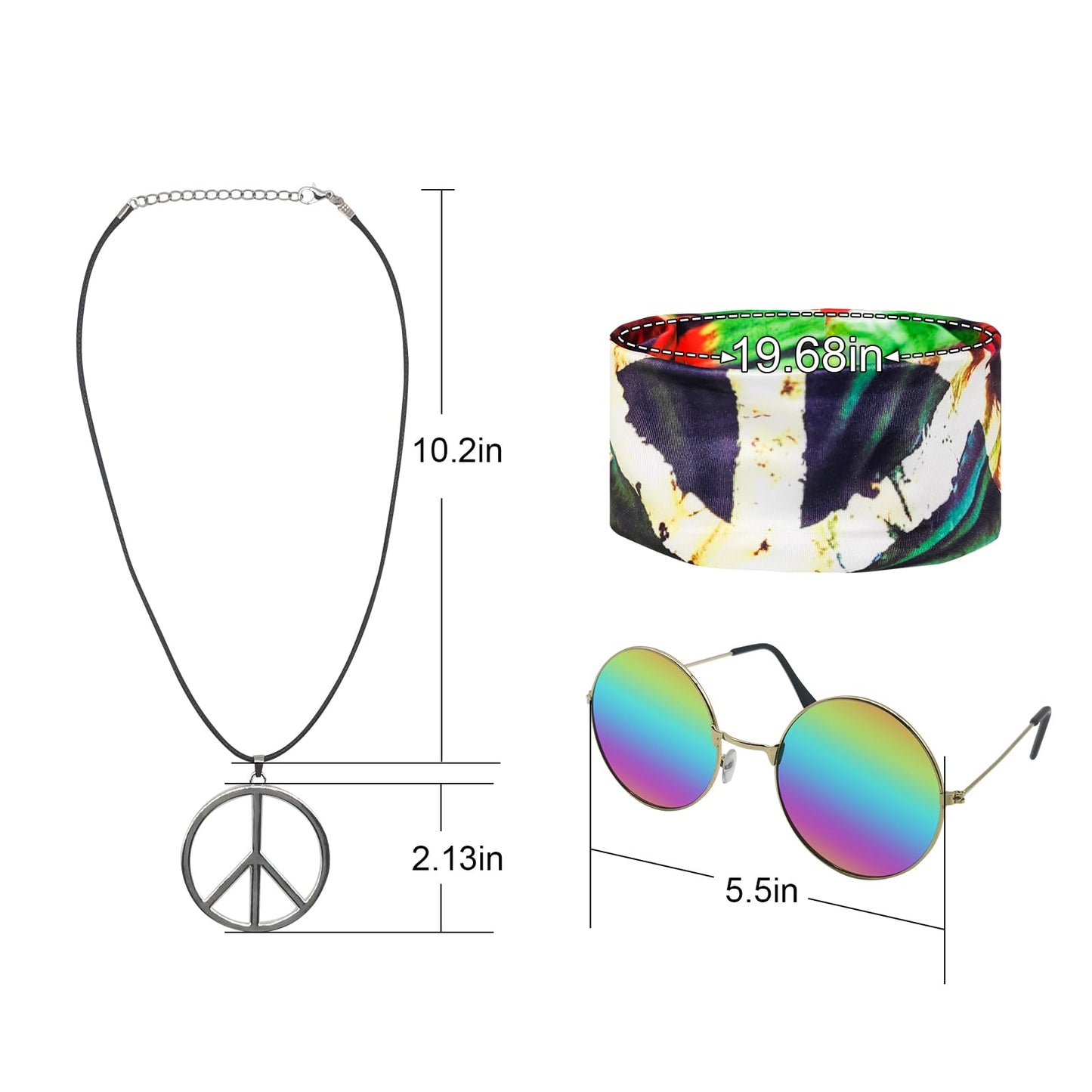 XonyiCos Hippie Costume for Men Women 60s and 70s colorful T-shirt sunglasses headband Peace necklace 4-piece theme party (Peace Red Black 4-piece Set, X-Large)