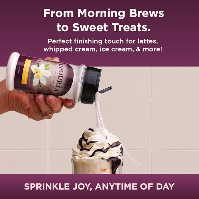 Upouria Vanilla Flavored Shakable Topping for Coffee, Lattes, Desserts, Gourmet Vanilla Taste, 5.5oz