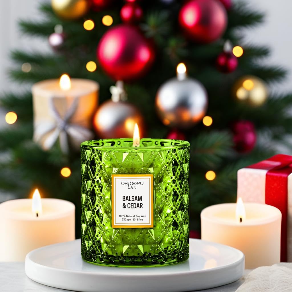 Chloefu LAN Balsam & Cedar Scented Candle Christmas Candles Gift, Christmas Festival Gifts, Large Luxury Scented Soy Jar Candles with up to 55 Hour Long Lasting, Highly Scented, 8.1oz