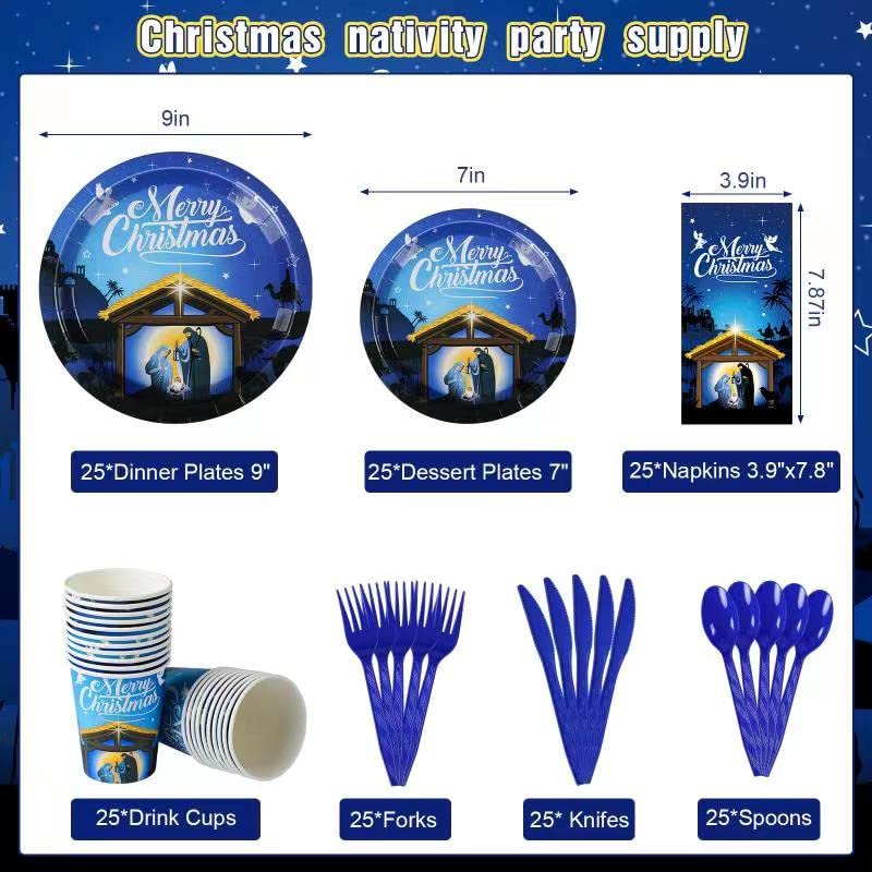 Christmas Nativity Party Supplies, Christmas Nativity Plates and Napkins Set, Disposable Jesus Holy Night Paper Plates Napkins Cups Knives Spoons Forks for Xmas Winter Holiday Party Decors, Serve 25