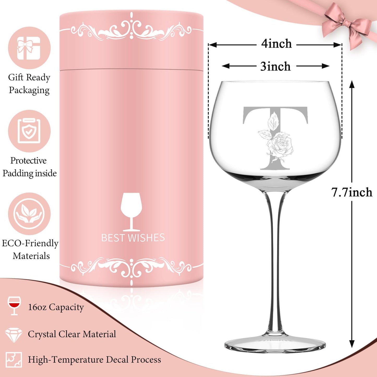Personalized Gifts for Women, Monogrammed A-Z Wine Glass Customized Gift, Unique Christmas Birthday Gifts for Women Her Mom Friend Sister Wife Daughter Nurse (T)