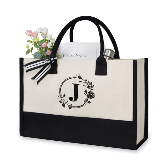 TOPDesign Initial Canvas Tote Bag, Personalized Present Bag, Suitable for Wedding, Birthday, Beach, Holiday, is a Great Gift for Women, Mom, Teachers, Friends, Bridesmaids (Letter J)