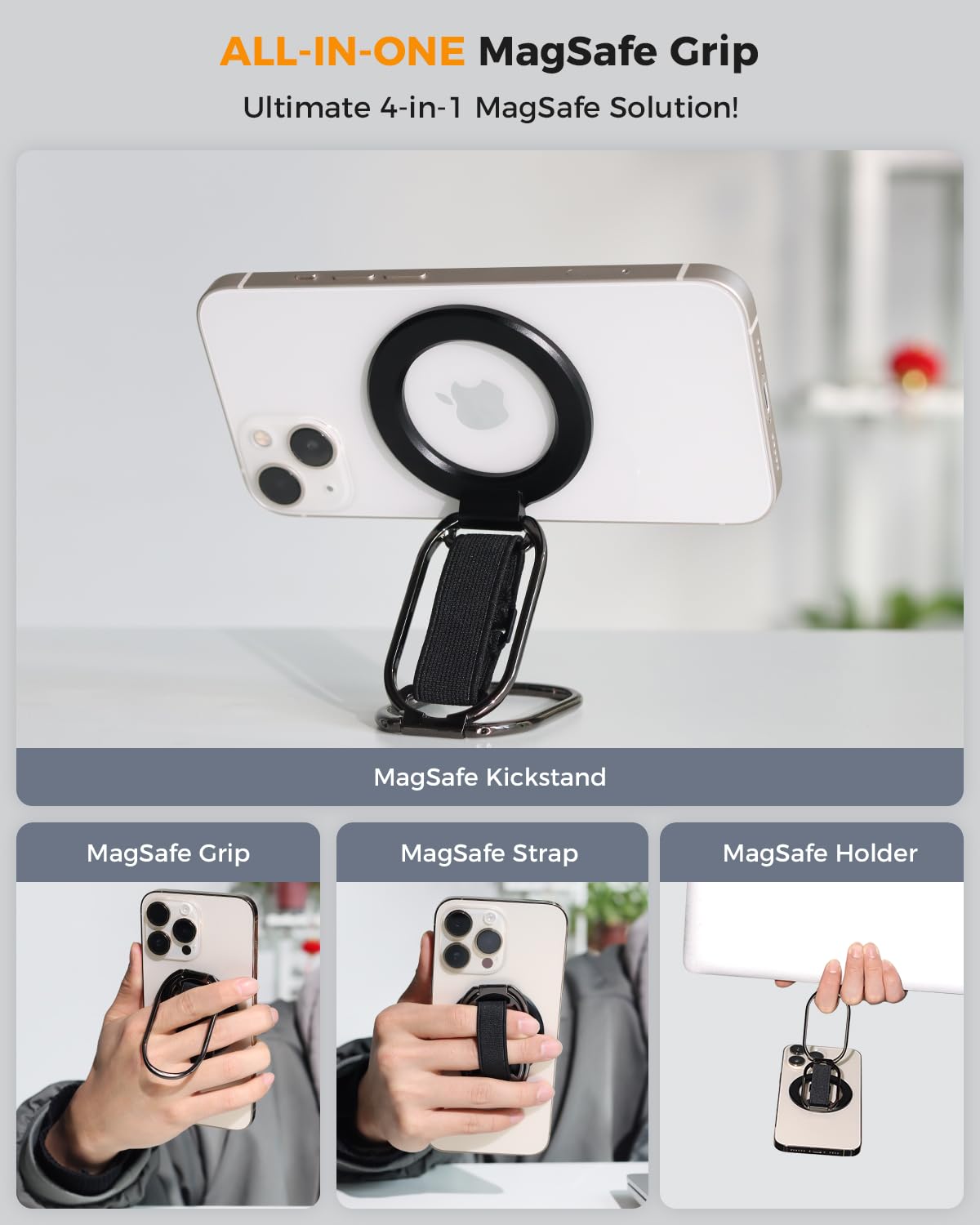 [2025 Newest] SUPERONE for MagSafe Phone Grip for MagSafe Kickstand Compatible with Mag Safe Finger Loop, 4-in-1 Phone Ring Holder Strap for Mag Safe iPhone 16/15/14/13/12 Series