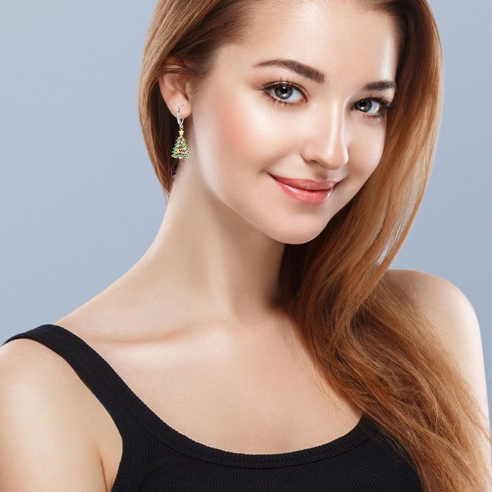 Christmas Earrings Christmas Tree Earrings for Women Sterling Silver Ribbon Green Xmas Tree Colorful Zircon Winter Dangle Studs Holiday Jewelry Gifts