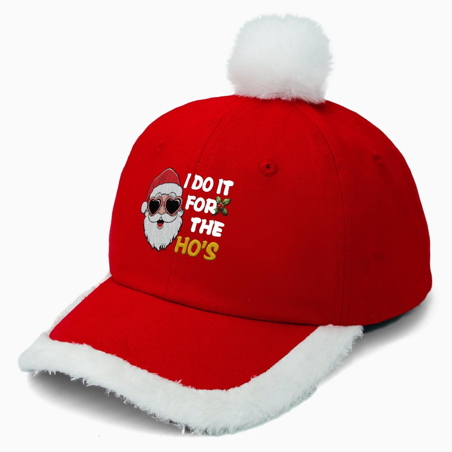 LOTBTRII Santa Hat Embroidered I Do It for The Ho's Funny Inappropriate Christmas Men Women Santa Baseball Cap with Fuzzy Fur Pom