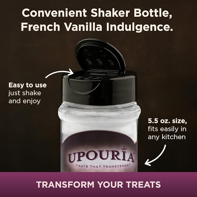 Upouria Vanilla Flavored Shakable Topping for Coffee, Lattes, Desserts, Gourmet Vanilla Taste, 5.5oz