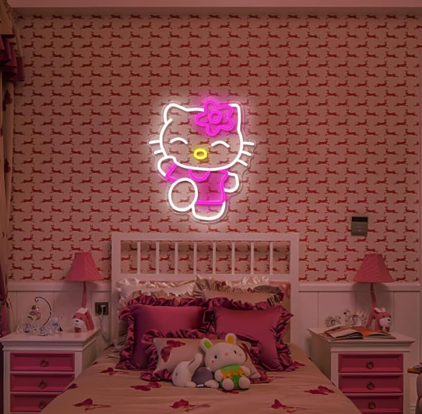 For Kitty Neon Sign Dimmable Kitty Signs Kawaii Cat Anime Neon Led Sign Room Decor Lights for Girl's Room Child Bedroom Birthday Halloween Christmas Gift 14.7’’x12.5’’