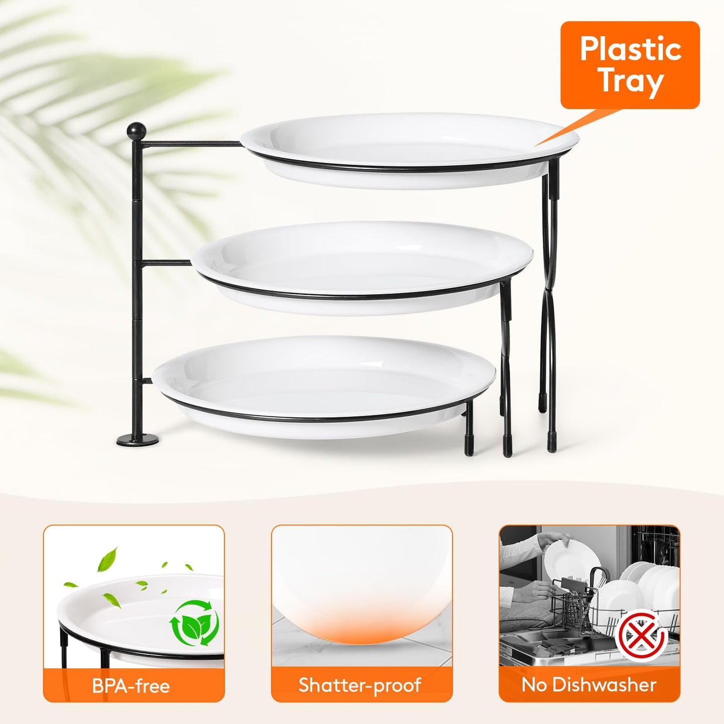 Lifewit Plastic 3 Tier Serving Tray Platter for Party Entertaining, 10" × 10" Large Dessert Table Display Set, White Reusable Round Dishes with Black Metal Display Stand for Veggie, Fruit, Cookies