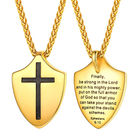 U7 Armor of God Necklace Ephesians 6:10, with Singapore Chain 22 Inch, 18K Real Gold Plated Stainless Steel Faith Cross Shield Pendant Necklace for Men and Women (Send Gift Box)