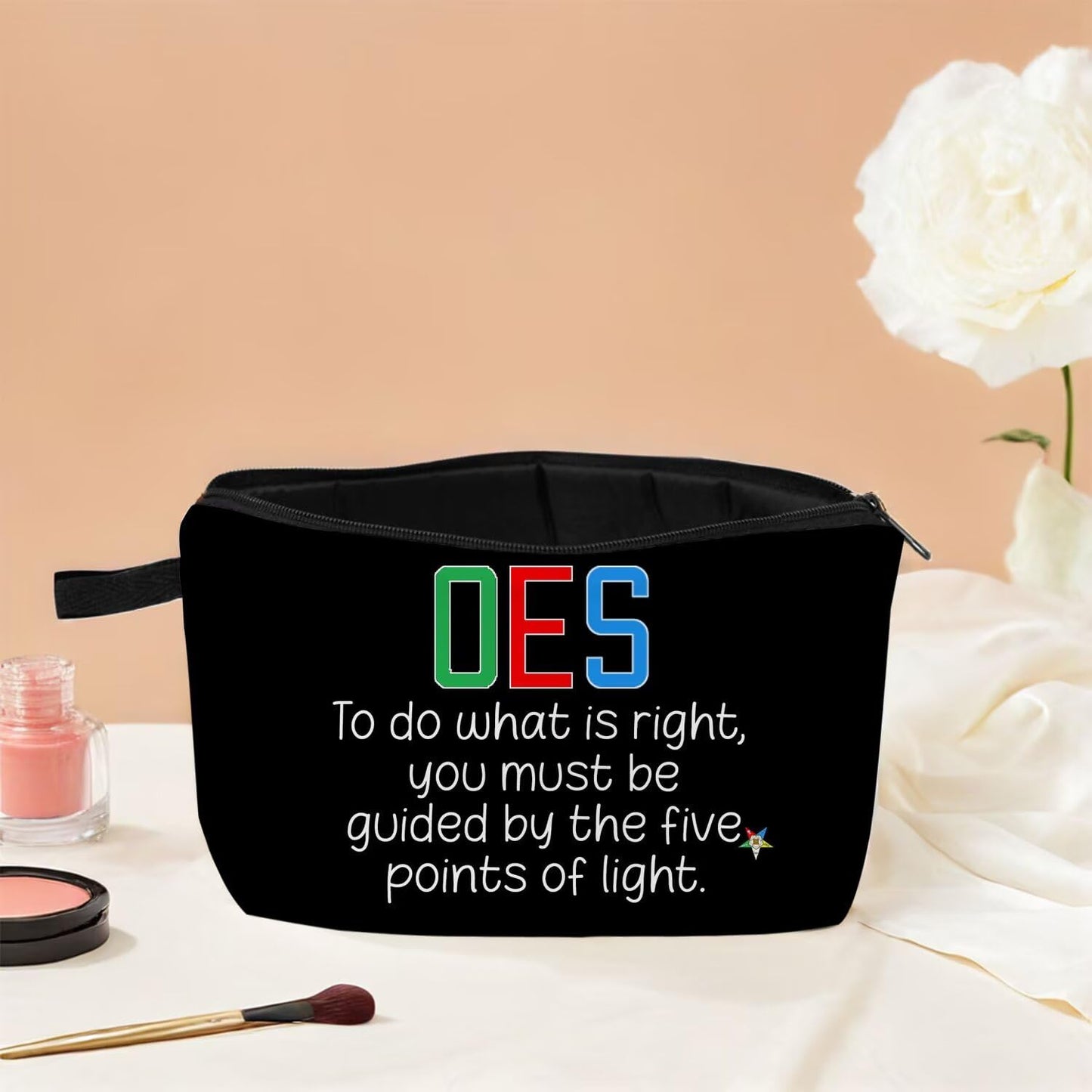 MoCaliduccious OES Star Print Makeup Bag Travel Cosmetic Pouch Organizer Birthday Gift Idea and Holiday Festival Present for Women Men OES Star Motto Makeup Pouch (Black)