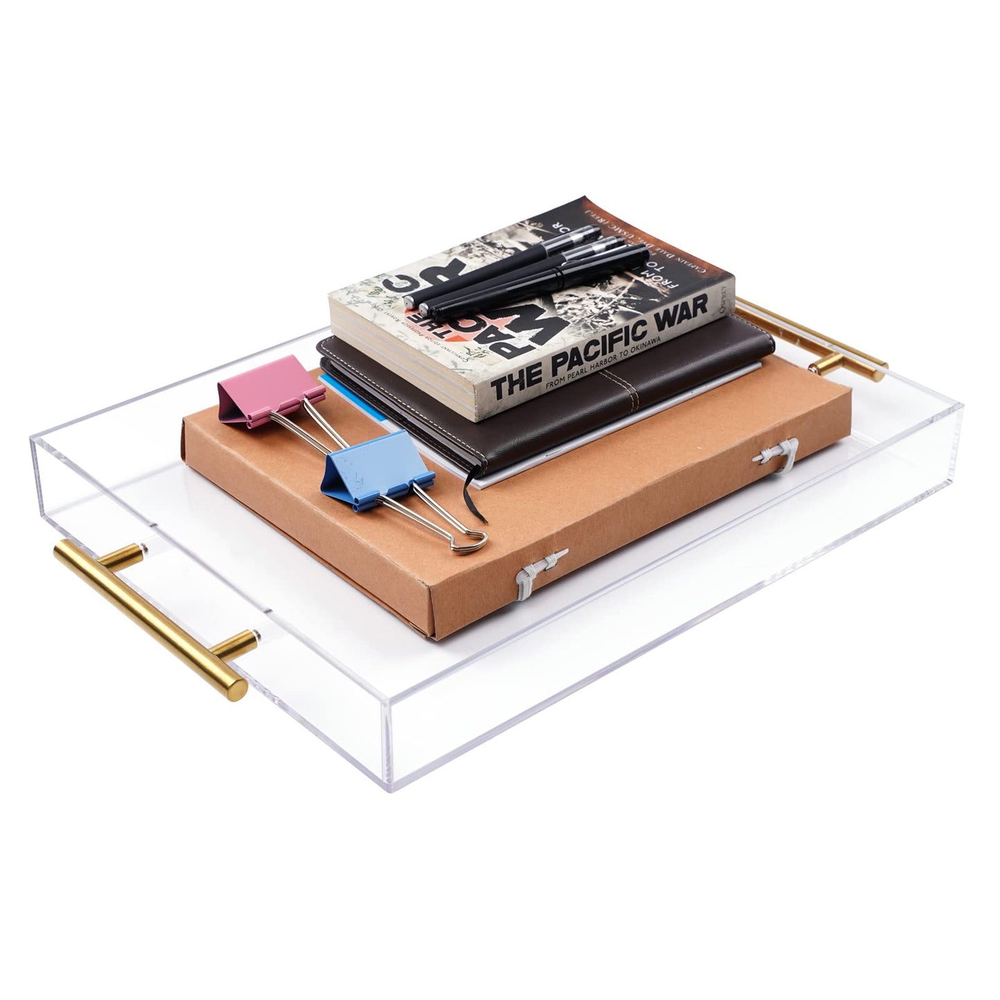 12"x16" Clear Acrylic Serving Tray with Golden Handles, Sturdy Huge Capacity Acrylic Tray for Coffee, Juice, Kitchen and Desk Organizer, Storage Tray (12"x16")