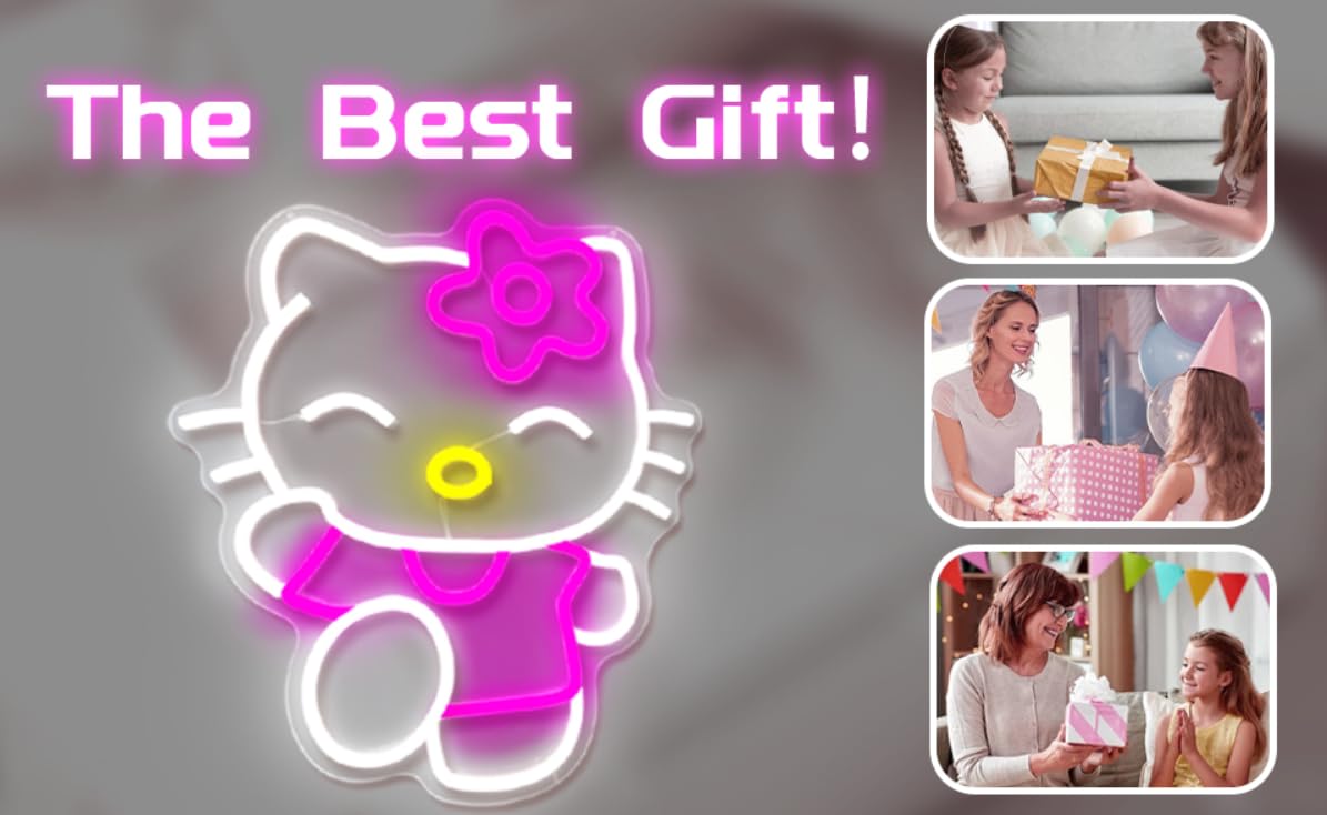 For Kitty Neon Sign Dimmable Kitty Signs Kawaii Cat Anime Neon Led Sign Room Decor Lights for Girl's Room Child Bedroom Birthday Halloween Christmas Gift 14.7’’x12.5’’