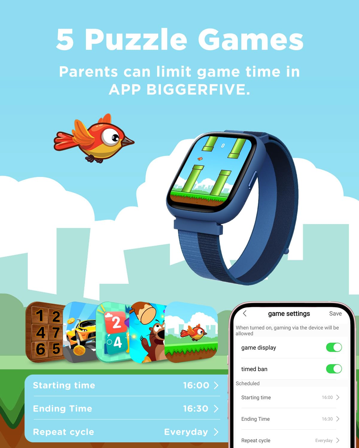 BIGGERFIVE Smart Watch for Kids, 1.8" Fitness Tracker Watch Pedometer, Heart Rate, IP68 Waterproof, Sleep Monitor, Calorie Step Counter, Puzzle Game with/Without APP for Girls Boys Teens 5-16, Nylon